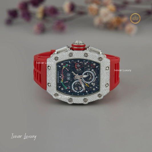 Luxury Moissanite Diamond Watch with Red Rubber Strap by Ivevar