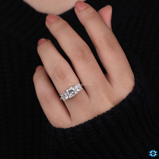 Unique 3.51 TW Princess Cut Moissanite Three Stone Engagement Ring