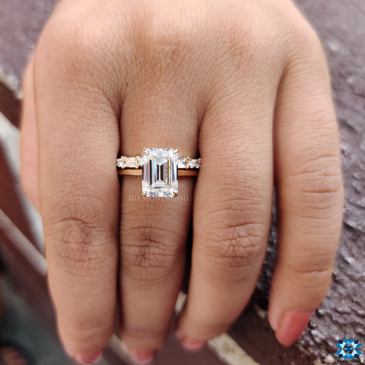 Amazing 4.28 TCW Emerald Cut Hidden Halo Moissanite Bridal Ring Set