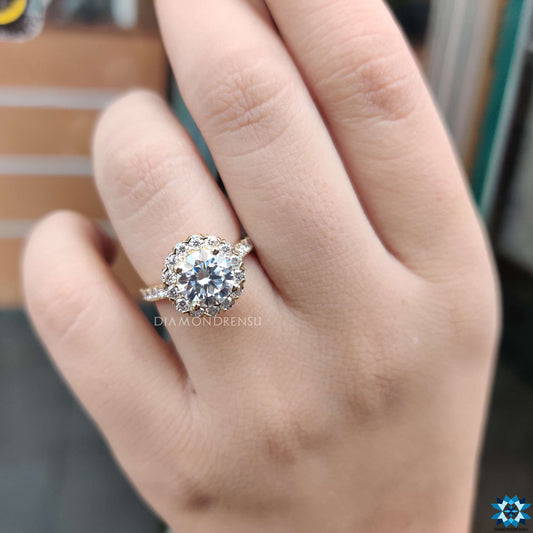 2.23 TCW Round Brilliant Cut Halo Pave Colorless Moissanite Engagement Ring