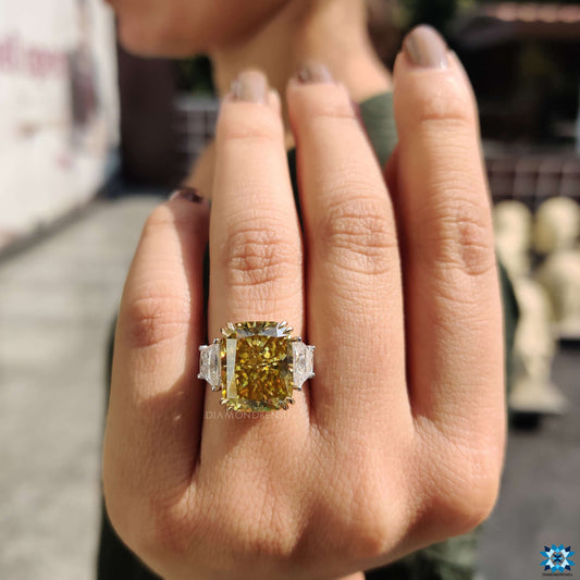 Three Stone Ring, 8.94 CT Canary Yellow Antique Radiant and Trapezoid Cut Colorless Moissanite Celebrity Engagement Ring