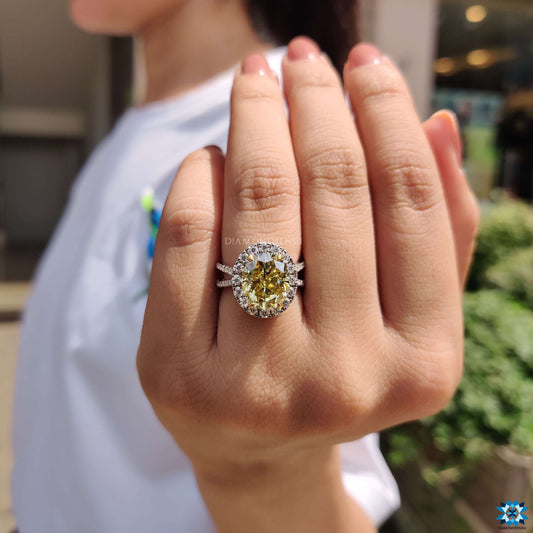 Unique Split Shank 4.50 CT Canary Yellow Oval Moissanite Halo Engagement Ring