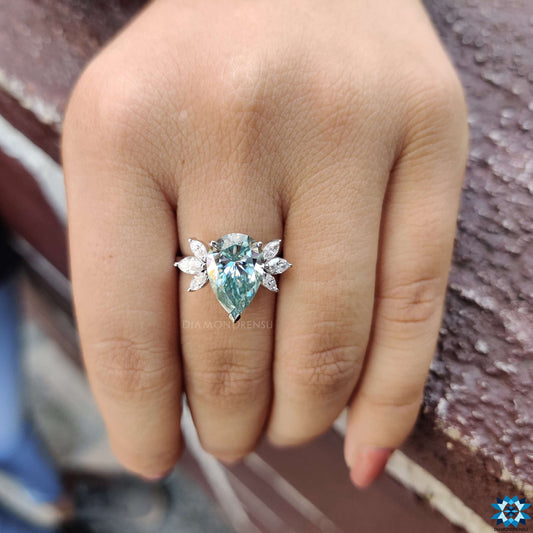 Pear Cut Blue Moissanite Ring, Marquise Cut Muse Engagement Ring