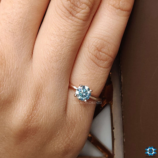 Round Cyan blue Solitaire Moissanite Engagement Ring