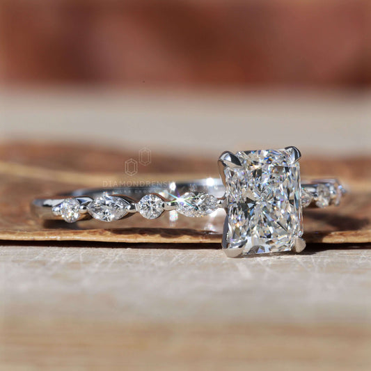 1.01 CT Radiant Cut Lab Grown Diamond Engagement Ring, Side Marquise and Round Cut Floating Bubble Pave Set Ring