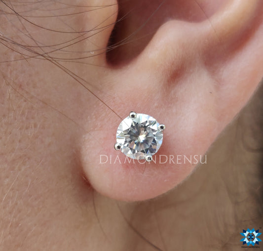 Round Brilliant Colorless Moissanite Stud Earrings - Four Prong Basket - Screw Back