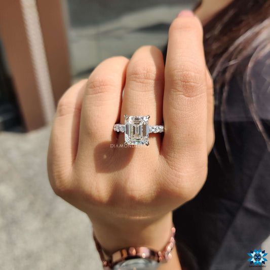 Emerald Cut 6.70 TW Moissanite Invisible Halo Engagement Ring, U Shape Pave Shared Prong Unique Moissanite Engagement Ring