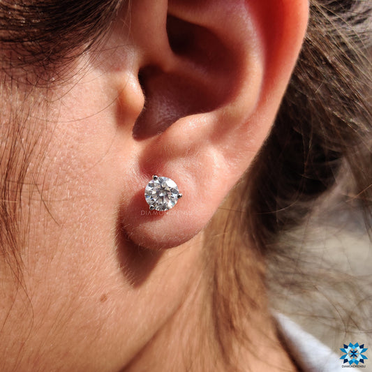 Three Prong Martini Round Moissanite Stud Earrings - Push Back