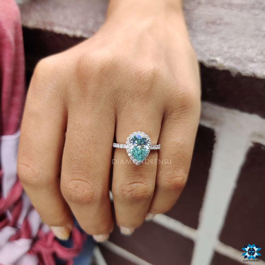 2.30 TCW Cyan Blue Pear Cut Halo Pave Moissanite Wedding Ring