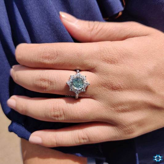 Vintage Style 2.42 CT Portuguese Cut Cyan Blue Moissanite Engagement Ring