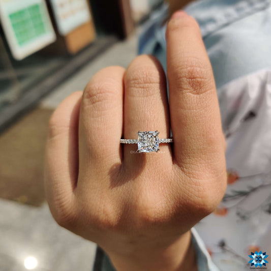 2.15 TW Cushion Rensu Cut Hidden Accent Pave Set Unique Moissanite Engagement Ring